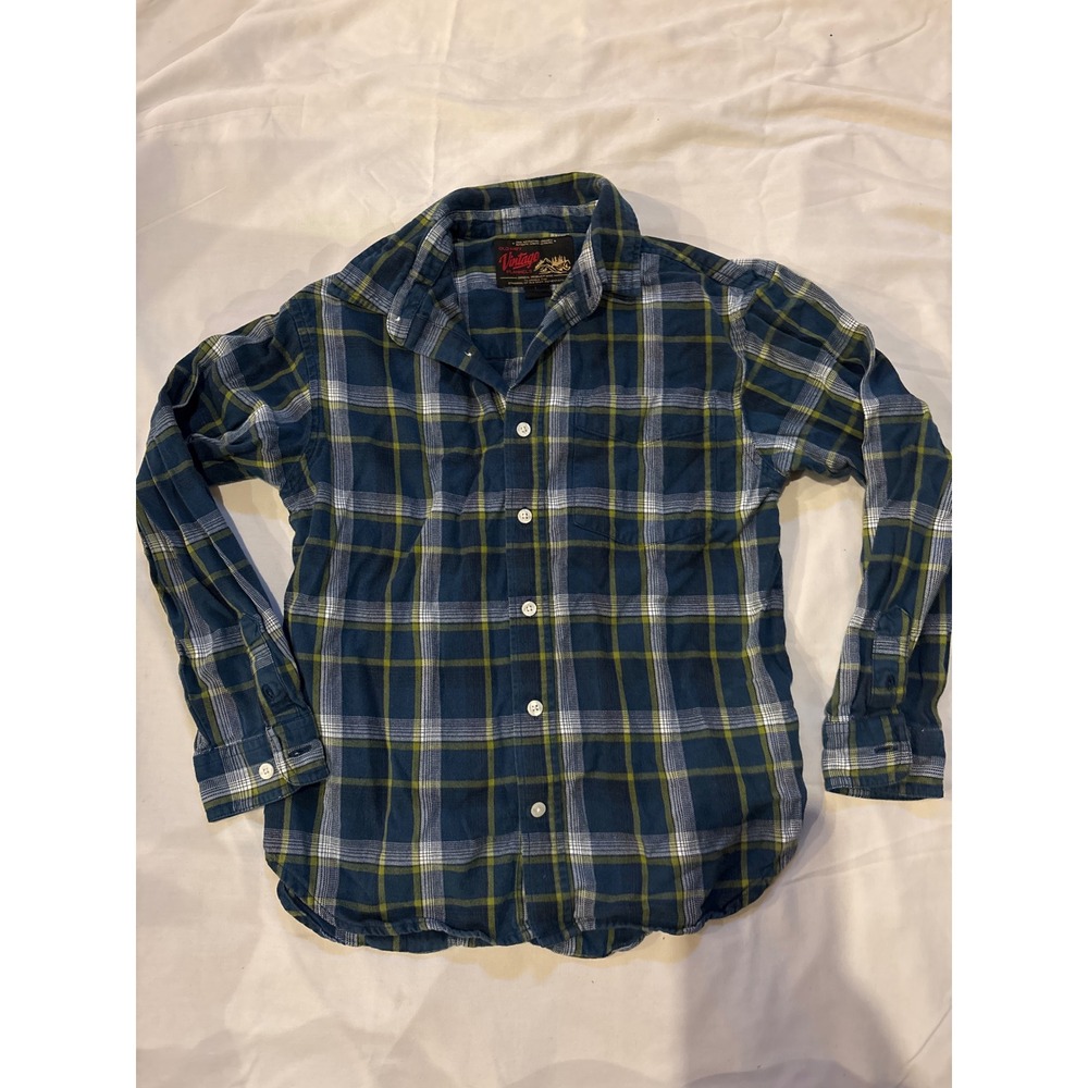 Old Navy Flannel Shirt Boys Large Blue Green Plaid Excellent Long Sleeve Button
